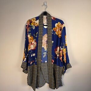 Oddy Floral Geometric Mixed Print Kimono Cardigan Blue One Size NWT IJ12695